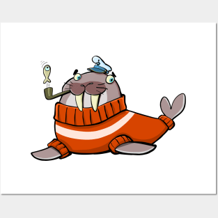 walrus dressed in the style of a North Sea captain in a thick sweater Posters and Art